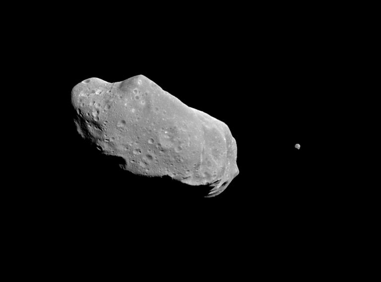 © NASAAsteroid Ida and its moon Dactyl. Scientists found the moon - the first discovered orbiting an asteroid - when the Galileo spacecraft flew past Ida in 1993. Ida_asteroid